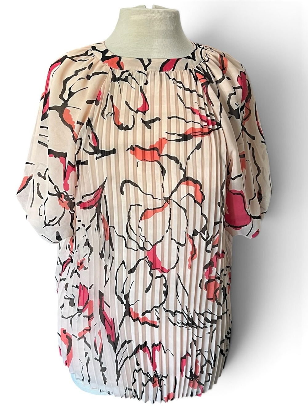 Karl Lagerfeld Paris Pleated Floral Blouse M Chiffon Pink Puff Sleeve Career Top